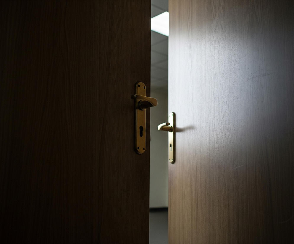 Dwa drewniane skrzydła drzwiowe, jedno ciemne i drugie jasne, są lekko uchylone, tworząc wąską szczelinę w centrum kadru. Na ciemnym skrzydle po lewej stronie znajduje się złota klamka z kluczem, a na jasnym skrzydle po prawej, na którym widoczne są słoje drewna, jest kolejna, podobna klamka. Przez szczelinę między drzwiami widać fragment pomieszczenia, gdzie dominują jasne kolory ścian oraz sufit z widocznym oświetleniem.