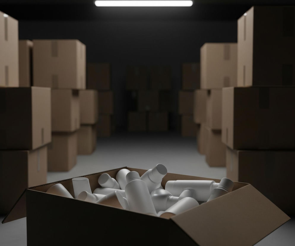 Na pierwszym planie, centralnie, stoi otwarty karton wypełniony licznymi, białymi butelkami i pojemnikami o różnych kształtach, częściowo zasłaniając dolną krawędź obrazu. Tło ukazuje ciemny magazyn z rzędami ułożonych jeden na drugim, beżowych kartonowych pudełek, tworzących alejkę prowadzącą w głąb pomieszczenia. Nad alejką widać pojedyncze, podłużne źródło światła umieszczone pod sufitem, oświetlające przestrzeń.