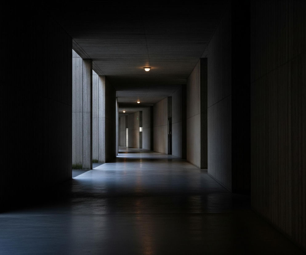 Długi, wąski korytarz wykonany z betonu rozciąga się w głąb, tworząc perspektywę zbieżną. Po obu stronach widoczne są rzędy masywnych, pionowych filarów, oddzielone głębokimi wnękami, z których niektóre ukazują jaśniejsze fragmenty ścian zewnętrznych o teksturowanej powierzchni. Sufit korytarza jest ciemny, ale wzdłuż jego osi rozmieszczone są trzy owalne lampy, rzucające ciepłe, punktowe światło, które odbija się na gładkiej, ciemnej podłodze, tworząc smugi jasności. W dali, na końcu korytarza, majaczy jasny prostokąt, sugerujący wyjście lub dalszą przestrzeń.