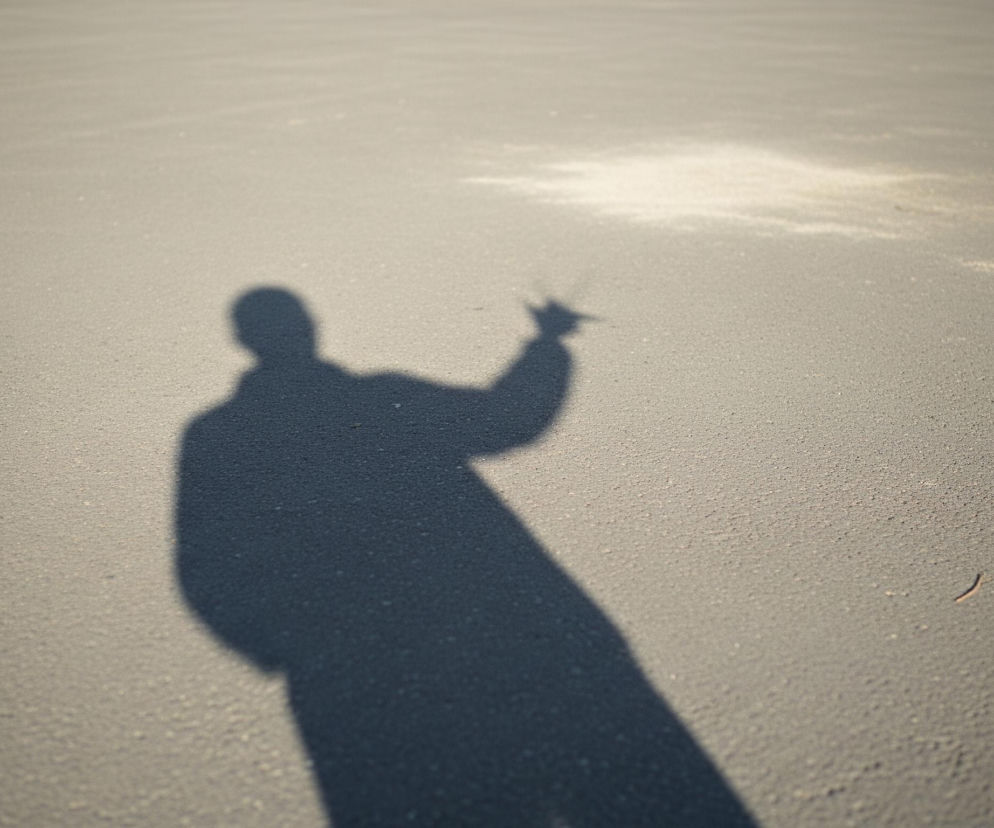 Cień osoby rzuca się na jasnoszary, granularny asfalt, rozciągając się od dolnej krawędzi obrazu w kierunku środka. Sylwetka postaci z zaokrągloną głową i ramionami jest wyraźnie widoczna, a jej prawa ręka uniesiona jest w geście przypominającym machanie lub trzymanie czegoś małego. Na dalszym planie asfalt staje się jaśniejszy i bardziej rozmyty, z kilkoma jaśniejszymi plamami. W prawym dolnym rogu widoczny jest pojedynczy, cienki, zakrzywiony fragment rośliny lub gałązki.