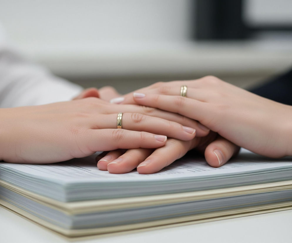 Na pierwszym planie widoczne są cztery dłonie ułożone jedna na drugiej, dwie górne spoczywają na dwóch dolnych, które leżą na stosie dokumentów lub ksiąg. Lewa dłoń na dole, z częściowo widocznym mankietem białej koszuli, ma na palcu serdecznym złotą obrączkę. Prawa dłoń na dole, z widocznym fragmentem ciemnego, prawdopodobnie czarnego, prążkowanego rękawa, również ma na palcu serdecznym złotą obrączkę. Dłonie są zadbane, z krótkimi, naturalnymi paznokciami o jasnym zabarwieniu, a ich skóra jest jasna. Tło jest rozmyte, dominują jasne barwy.