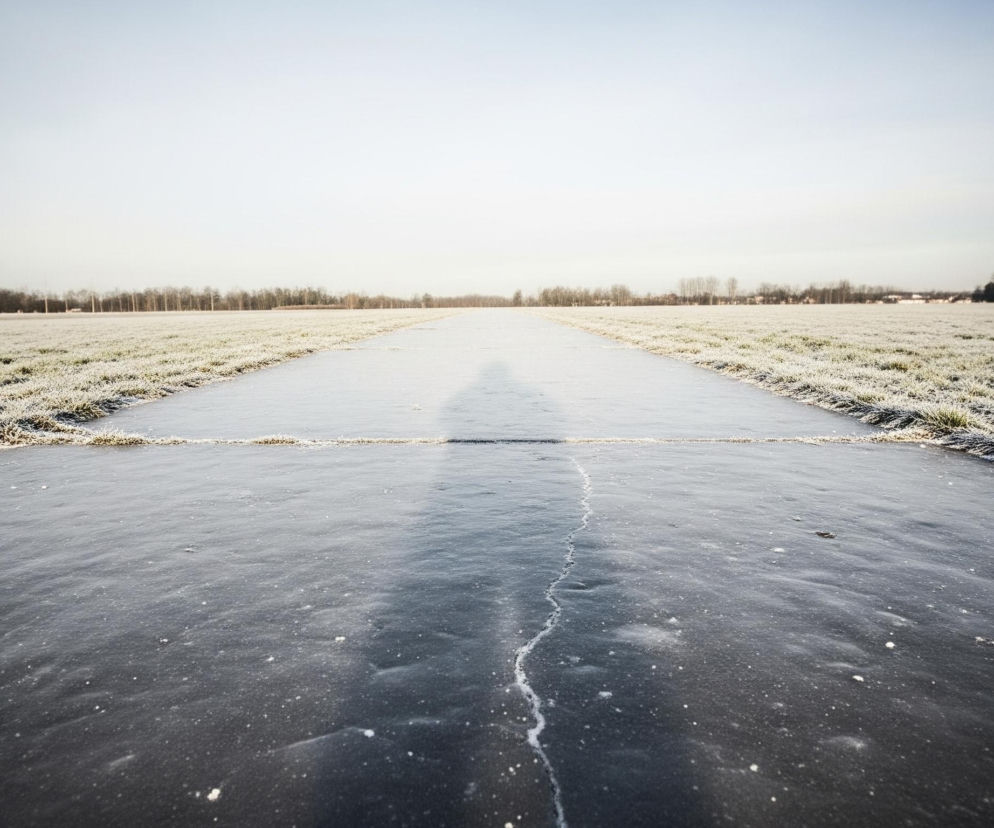 W centrum obrazu znajduje się szeroka, pokryta szarym lodem ścieżka, rozciągająca się w dal i zwężająca się ku horyzontowi. Na jej powierzchni widoczny jest długi, smukły cień postaci człowieka, a także białe smugi i drobne punkty, przypominające szron lub małe kawałki lodu. Po obu stronach ścieżki rozciągają się pola pokryte biało-zieloną, oszronioną trawą, sięgające aż do linii drzew na horyzoncie, za którymi widać fragmenty budynków pod jasnym, częściowo zachmurzonym niebem.
