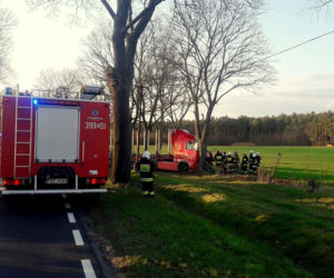 Tir roztrzaskał się na drzewie! Niebezpieczny wypadek pod Cybinką!