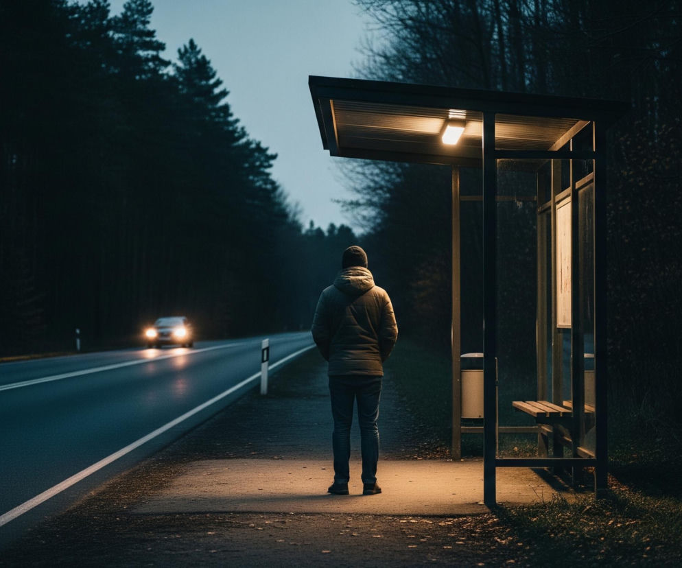 Mężczyzna w ciemnej kurtce z kapturem i jeansach stoi tyłem do obserwatora, patrząc w kierunku drogi. Znajduje się on na przystanku autobusowym, którego metalowa konstrukcja z drewnianą ławką i szklanymi panelami jest widoczna po prawej stronie. Lampa na suficie przystanku oświetla ciepłym światłem obszar pod wiatą i fragment drogi, która biegnie przez ciemny, zalesiony teren. W oddali na drodze widać zbliżający się samochód z zapalonymi jasnymi reflektorami.