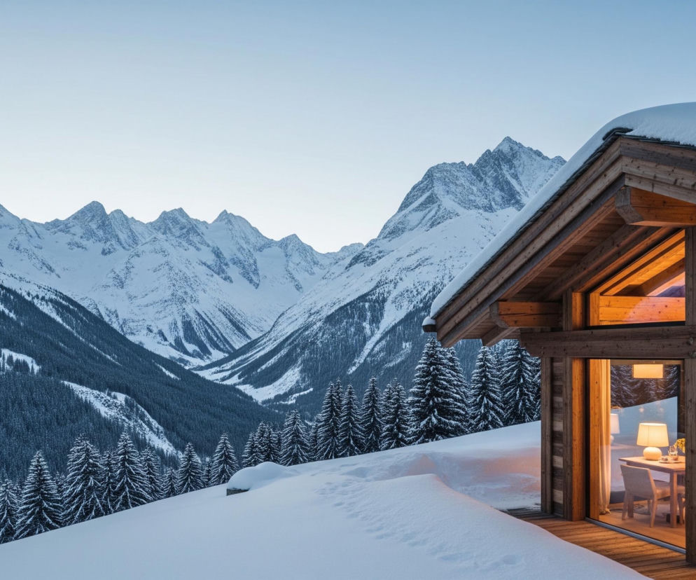 Na pierwszym planie, po prawej stronie kadru, znajduje się drewniany domek z ośnieżonym dachem. Duże okna i drzwi tarasowe domku ukazują ciepłe, jasno oświetlone wnętrze z drewnianymi belkami i meblami, w tym stołem z lampą oraz częścią wypoczynkową. Przed domkiem rozciąga się gruba warstwa śniegu, z widocznymi śladami na podłożu i puszystymi zaspami. W tle, za ośnieżonymi sosnami, widać rozległą, zaśnieżoną dolinę górską z licznymi szczytami, które wtapiają się w bladobłękitne, rozświetlone niebo.