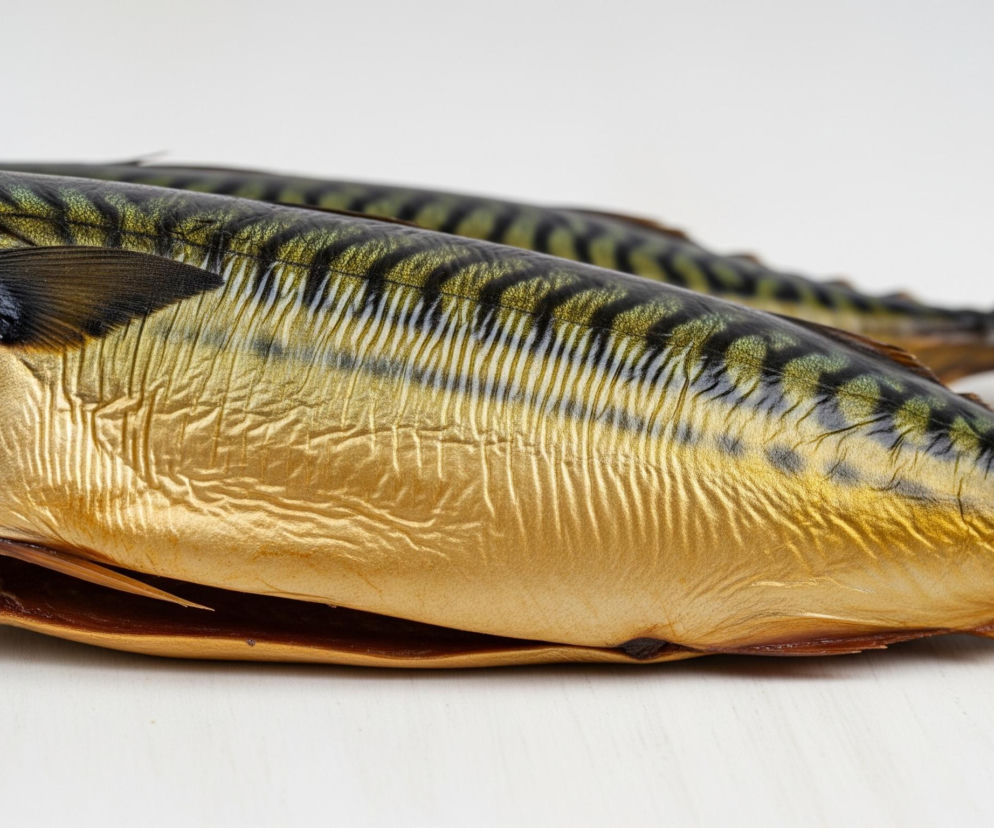 Dwie wędzone makrele ułożone są obok siebie na białej, drewnianej powierzchni. Ryby charakteryzują się złotobrązowym zabarwieniem brzucha i dolnych partii, które przechodzi w ciemniejszy, zielono-czarny, pręgowany wzór na grzbiecie. Na pierwszym planie widoczna jest głowa jednej z makreli, z ciemną płetwą piersiową i wyraźnie zaznaczonymi skrzelami, a za nią, nieco rozmyta, leży druga ryba.
