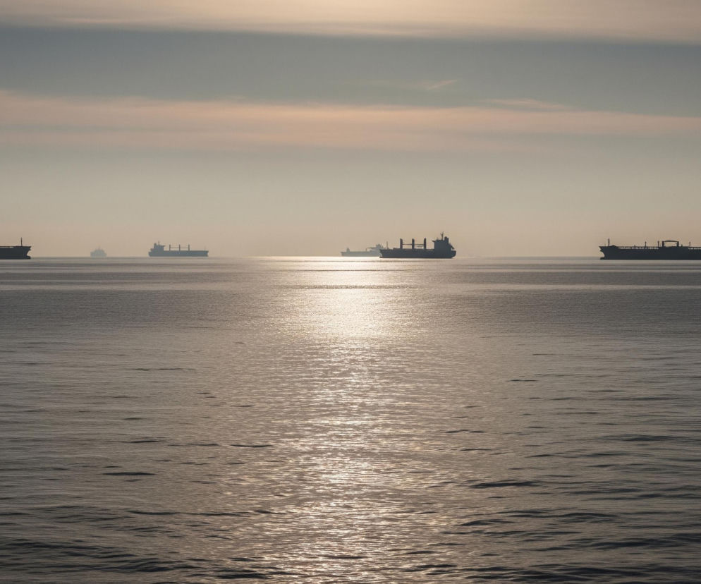 Rozległą powierzchnię spokojnego morza z horyzontem oddzielającym wodę od zachmurzonego nieba. Siedem dużych statków towarowych, przedstawionych jako ciemne sylwetki, jest równomiernie rozmieszczonych wzdłuż horyzontu. Nad nimi niebo ma szarobrązowy odcień z jaśniejszym, rozproszonym światłem w centrum, tworzącym długi, lśniący pas na wodzie, co wskazuje na położenie słońca.