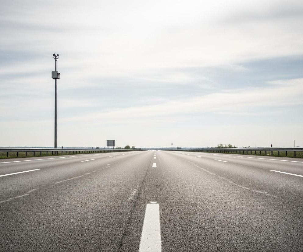 Długa, pusta autostrada biegnie prosto w kierunku horyzontu pod jasnym, zachmurzonym niebem. Droga składa się z wielu pasów ruchu o ciemnoszarym, ziarnistym asfalcie, rozdzielonych białymi liniami ciągłymi i przerywanymi, które zbiegają się w oddali. Po obu stronach autostrady znajduje się zielone pobocze, a za nim metalowe bariery energochłonne. W lewej części kadru widać wysoką, ciemną latarnię z urządzeniami na szczycie i małą skrzynką poniżej, natomiast w oddali na prawym poboczu stoi ciemna, prostokątna tablica informacyjna.