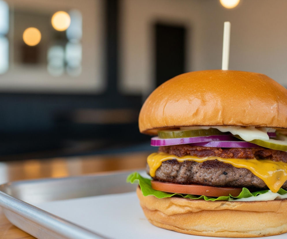 Burger z grubą wołowiną, serkiem cheddar i warzywami dominujące obraz, osadzony jest na białym papierze, który spoczywa na metalowej tacy. Widoczne są dwie połówki bułki, kotlet z mięsa wołowego, stopiony ser, cieniutkie krążki czerwonej cebuli, ogórki kiszone, plaster pomidora oraz liście zielonej sałaty. Górna część bułki jest przypięta pionowym, białym patyczkiem, w tle widoczne są rozmyte, beżowo-brązowe powierzchnie, ciemne kształty i rozproszone światła.