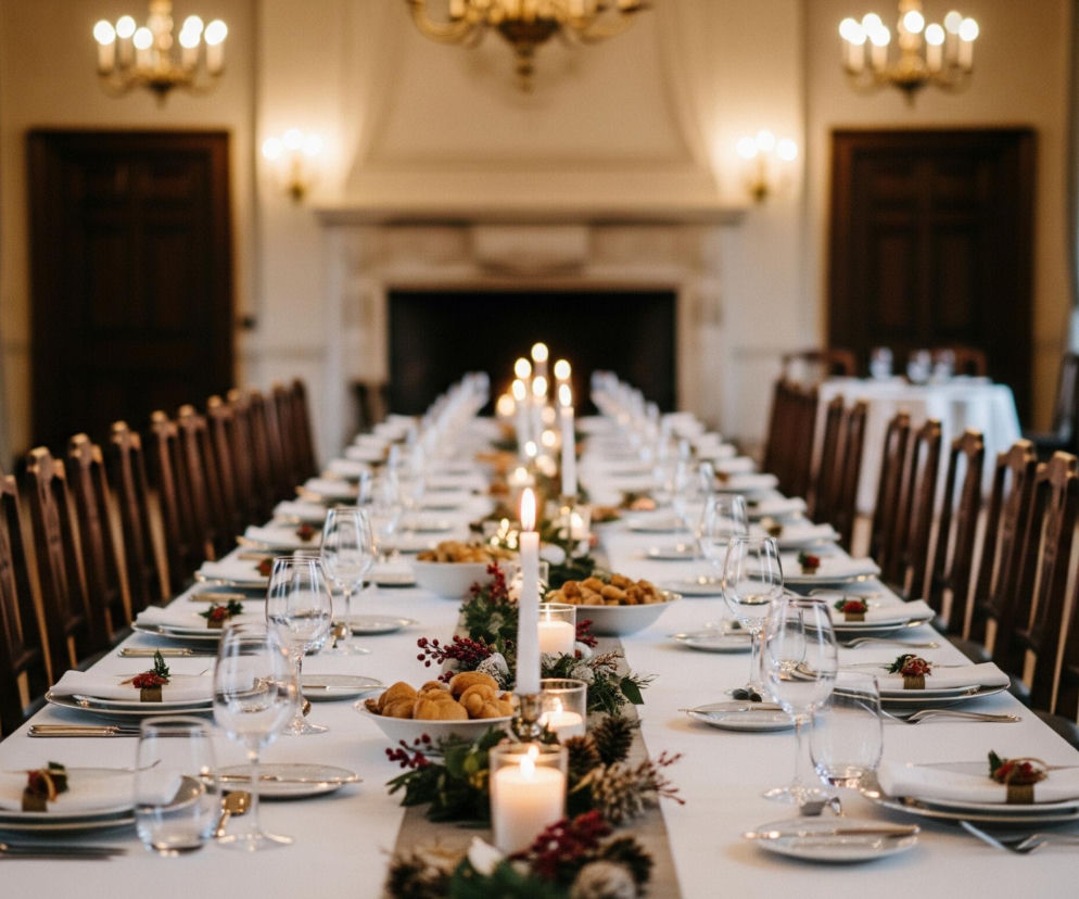 Długi stół, nakryty białym obrusem, rozciąga się przez środek eleganckiego, słabo oświetlonego pokoju. Po obu stronach stołu widać rzędy pustych, drewnianych krzeseł z ozdobnymi oparciami. Na stole, wzdłuż jego osi, ułożono zieloną girlandę z czerwonymi jagodami i szyszkami, przerywaną świecami w srebrnych świecznikach i białych naczyniach, a także miskami z pieczywem. Każde nakrycie składa się z białego talerza z serwetką, sztućców w kolorze złotym lub mosiężnym oraz kilku szklanek i kieliszków. W tle widać kominek, a na ścianach wiszą żyrandole i kinkiety, wszystkie zapalone.