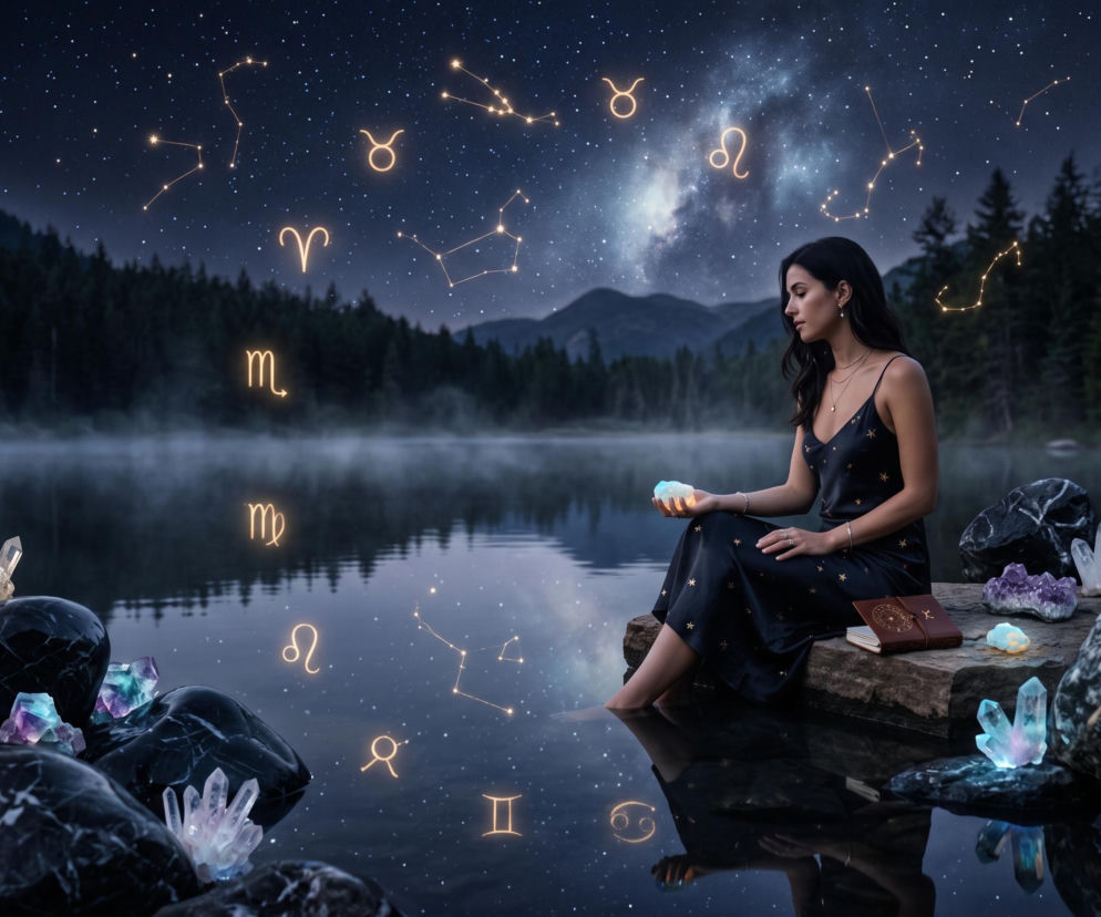 Kobieta nad brzegiem jeziora pod gwieździstym niebem pełnym znaków zodiaku. O horoskopie dziennym przeczytasz na SE.