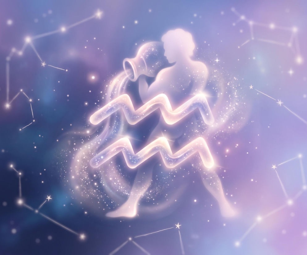 Świecący symbol Wodnika na tle kosmosu i gwiazdozbiorów. Horoskop dla tego znaku zodiaku sprawdzisz w serwisie Eska.