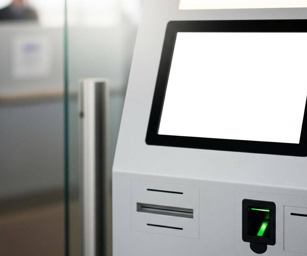 Na pierwszym planie, z prawej strony, dominuje jasnoszare, teksturowane urządzenie przypominające automat, wyposażone w duży, prostokątny ekran z białym, pustym polem. Poniżej ekranu znajdują się dwa prostokątne otwory: jeden to szeroka szczelina ze srebrną wnęką, otoczona dwiema poziomymi czarnymi liniami, a drugi, mniejszy, z prawej strony, zawiera zielone, jasne światło oraz czarną, wystającą rączkę lub przycisk. Lewa część kadru jest nieostra i ukazuje rozmyte tło z pionowymi, srebrnymi elementami, prawdopodobnie słupkami, oraz fragmentem szklanych drzwi. W tle widoczne są również zarys postaci i nieokreślone, jasne elementy architektoniczne.