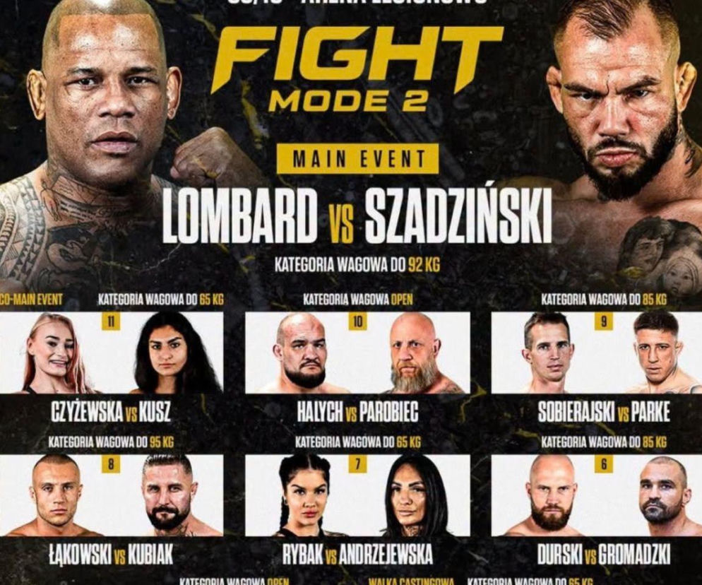 Plakat gali Fight Mode 2 z Hectorem Lombardem i Gracjanem Szadzińskim. Kartę walk sprawdzisz na SE Supersport.