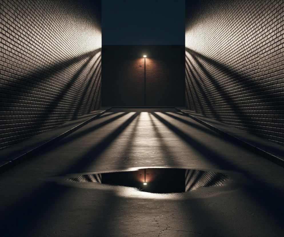 Na obrazie przedstawiony jest ciemny zaułek lub przejście pomiędzy dwoma wysokimi ścianami z ciemnej cegły. W oddali, na końcu przejścia, świeci pojedyncza latarnia uliczna o ciepłym, pomarańczowym świetle, rzucając długie, równoległe cienie na brukowaną nawierzchnię. Światło latarni odbija się także w niewielkiej kałuży na pierwszym planie, tworząc złocisty refleks. Ceglane ściany po obu stronach są oświetlone jedynie u góry, ukazując teksturę cegieł, podczas gdy ich dolne partie pozostają w głębokim cieniu, z widocznym wyraźnym krawężnikiem wzdłuż każdej ściany.