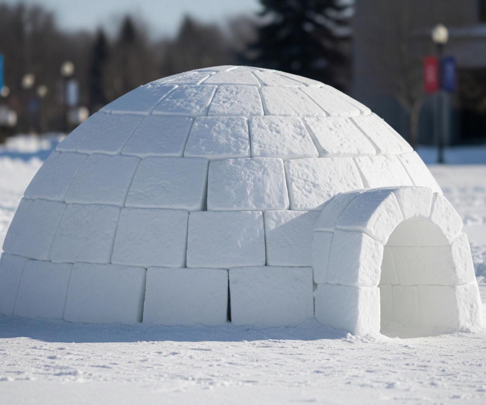 W centrum znajduje się igloo zbudowane ze śnieżnych bloków o wyraźnej teksturze, tworzące kopulasty kształt z wejściem w formie łuku po prawej stronie. Otoczone jest ono równą warstwą białego śniegu, na którym widoczne są cienie igloo oraz drobne nierówności powierzchni. W tle, rozmyte, widoczne są ciemne drzewa iglaste oraz słupy oświetleniowe z prostokątnymi flagami w kolorach niebieskim i czerwonym.