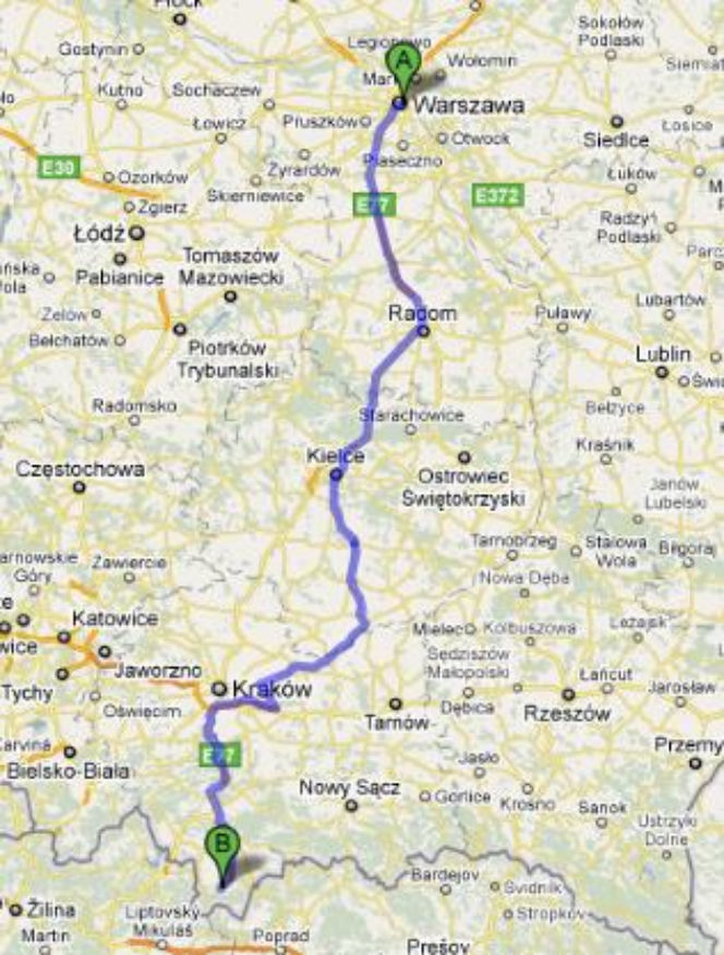 Trasa 79 i E77 Warszawa_Zakopane - mapka