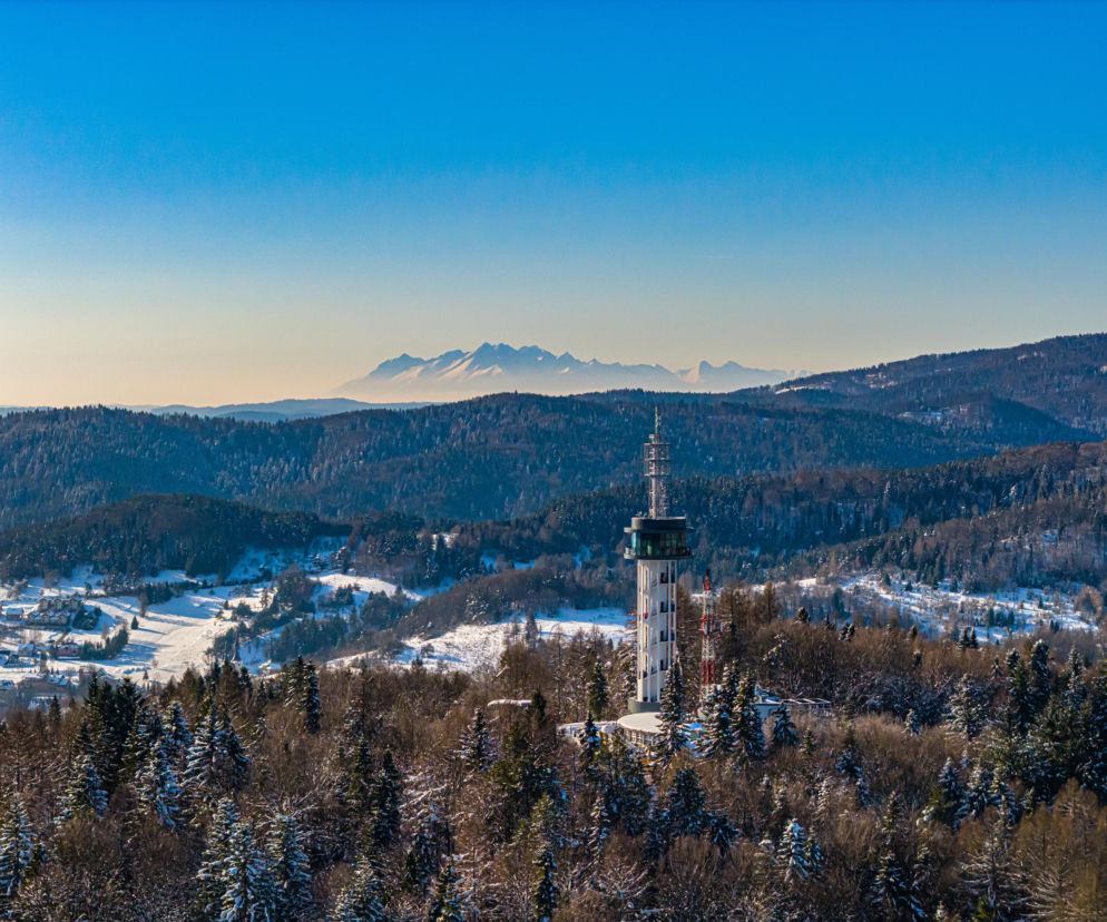 Przy dobrej pogodzie z wieży widokowej na krynickiej Górze Parkowej można podziwiać Tatry