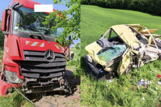 Miaty: Pękła mu guma i stracił panowanie nad potężną maszyną. Trzy osoby zostały ranne [ZDJĘCIA]