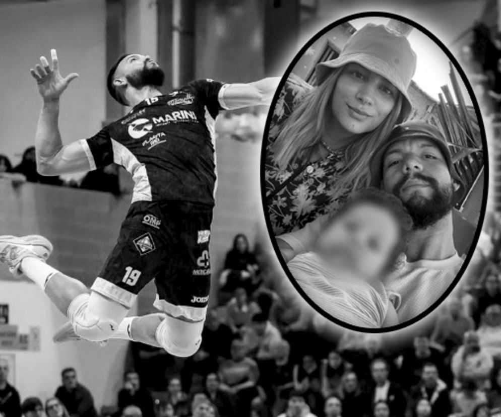 Siatkarz Willner Rivas podczas wyskoku. Na miniaturze obok on z żoną i synkiem. O tragedii w Wenezueli przeczytasz na SE Supersport.