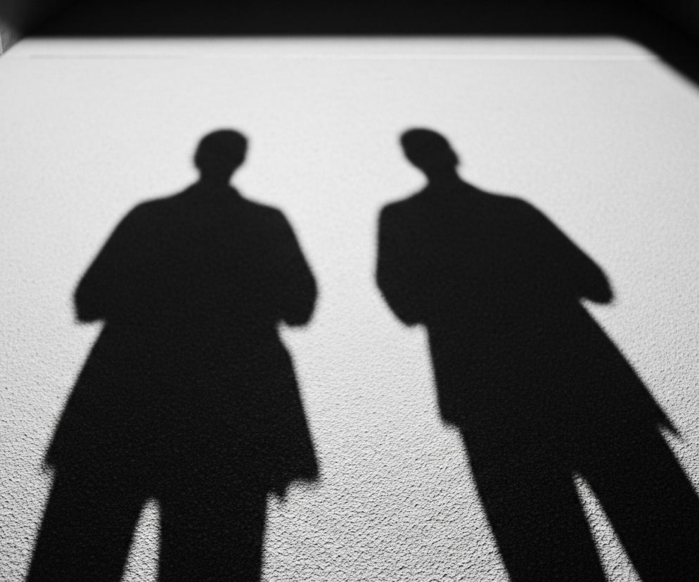 Dwa wyraźne, ciemne cienie ludzkich sylwetek, skierowane głowami w górę, rzucają się na jasną, ziarnistą powierzchnię. Cienie zajmują centralną część kadru, tworząc kontrast z otoczeniem. Po lewej stronie widoczna jest pionowa, teksturowana ściana, a w górnej części kadru oraz po prawej stronie występują ciemne obszary cienia, tworzące geometryczne kształty.