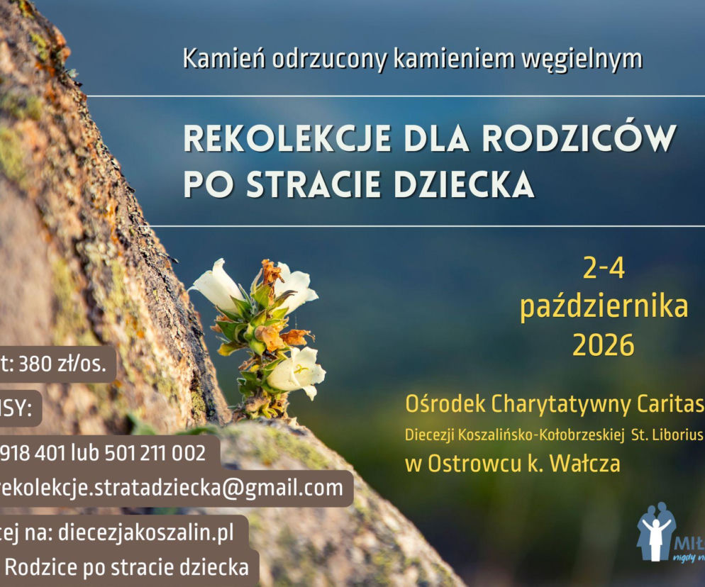 Plakat rekolekcji dla rodziców po stracie dziecka z białą lilią na tle skały. O zapisach przeczytasz na Radioplus.
