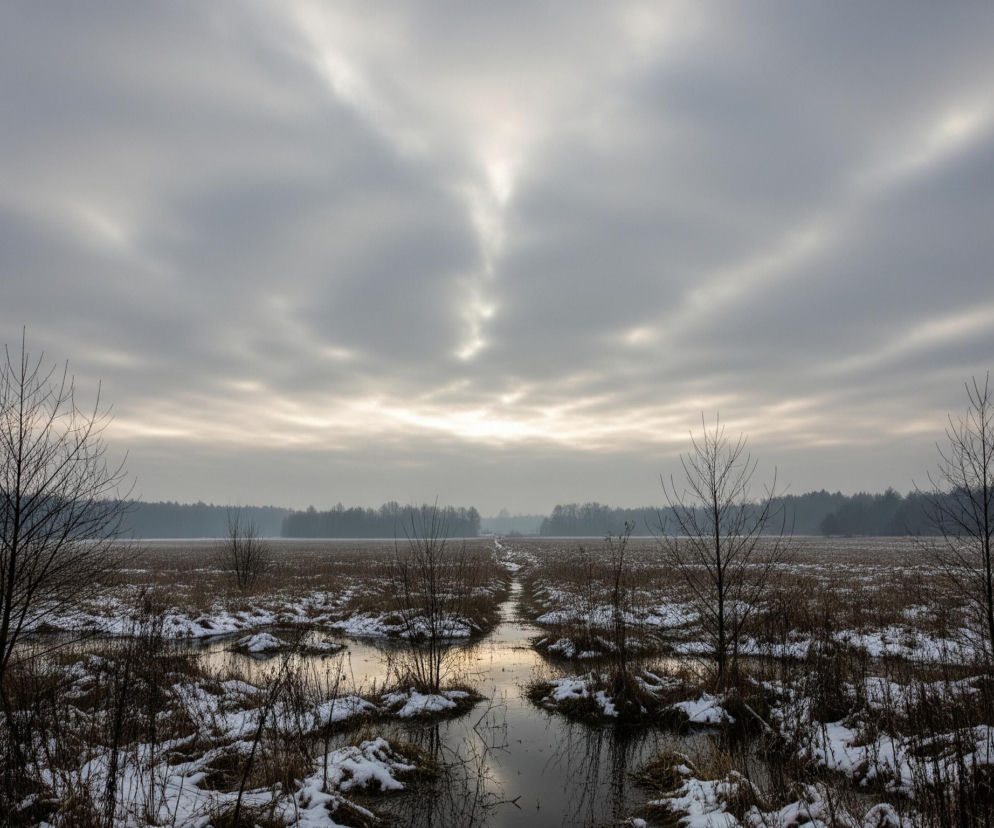 Szeroki, zimowy krajobraz ukazuje rozległą, podmokłą równinę pokrytą częściowo brązową trawą i świeżym śniegiem, pociętą wąskimi, wijącymi się strumieniami. W centrum, na horyzoncie, widoczny jest odległy, ciemny las, a ponad nim rozpościera się zachmurzone niebo w odcieniach szarości i bieli, z jaśniejszą poświatą pośrodku. Na pierwszym planie po obu stronach stoją pojedyncze, bezlistne drzewa z cienkimi gałęziami, a ich sylwetki odbijają się w spokojnych wodach strumieni.