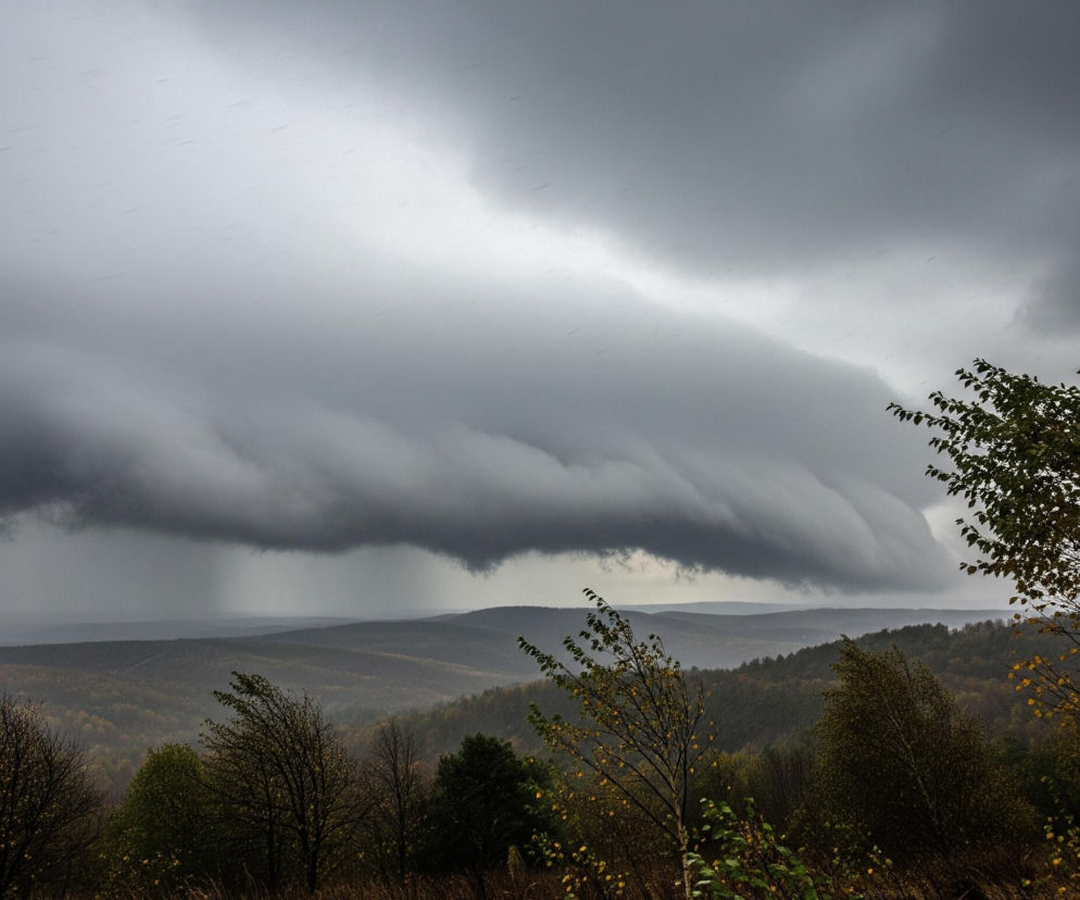 Rozległa, ciemnoszara chmura burzowa w kształcie wydłużonego wału dominuje w centrum obrazu, rozciągając się horyzontalnie i ukazując pofalowaną, nierówną strukturę na swoim dolnym brzegu, z widocznymi smugami deszczu spadającymi w oddali. Niżej rozciąga się pofałdowany, zalesiony krajobraz wzgórz, zabarwiony jesiennymi odcieniami zieleni, żółci i brązu, stopniowo blednący w oddali. Na pierwszym planie, po prawej stronie, widać drzewa o ciemnych pniach i rozrzuconych, zielono-żółtych liściach, lekko pochylone i poruszane przez wiatr.