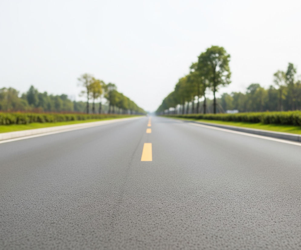 Droga asfaltowa rozciąga się w głąb kadru, z centralną przerywaną, żółtą linią. Po obu stronach drogi biegną białe linie ciągłe, a za nimi szare krawężniki oddzielające pasy zieleni. Dalej znajdują się rzędy drzew o zielonych koronach, prowadzące wzdłuż horyzontu pod jasnym, bezchmurnym niebem.