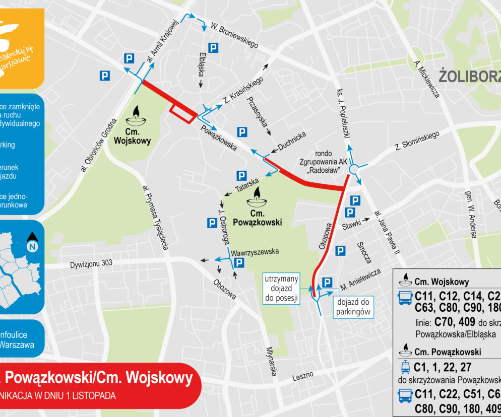 Cmentarz Powązkowski i Wojskowy: komunikacja 1 listopada