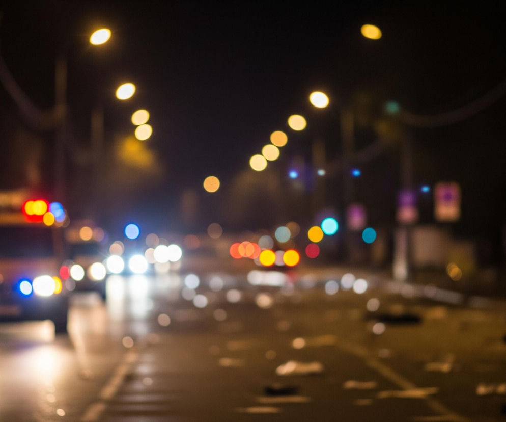 Rozmazaną scenę uliczną nocą. Na pierwszym planie po lewej stronie znajduje się pojazd uprzywilejowany z włączonymi, jasnymi światłami przednimi, żółtymi kierunkowskazami oraz czerwonymi i niebieskimi światłami sygnalizacyjnymi na dachu, odzwierciedlającymi się na mokrej nawierzchni jezdni. Ulica jest oświetlona szeregiem jasnych, okrągłych świateł bokeh w odcieniach żółci, czerwieni i błękitu, rozciągających się w głąb obrazu. Na asfalcie leży rozrzucone ciemne gruzy i odbicia świateł.