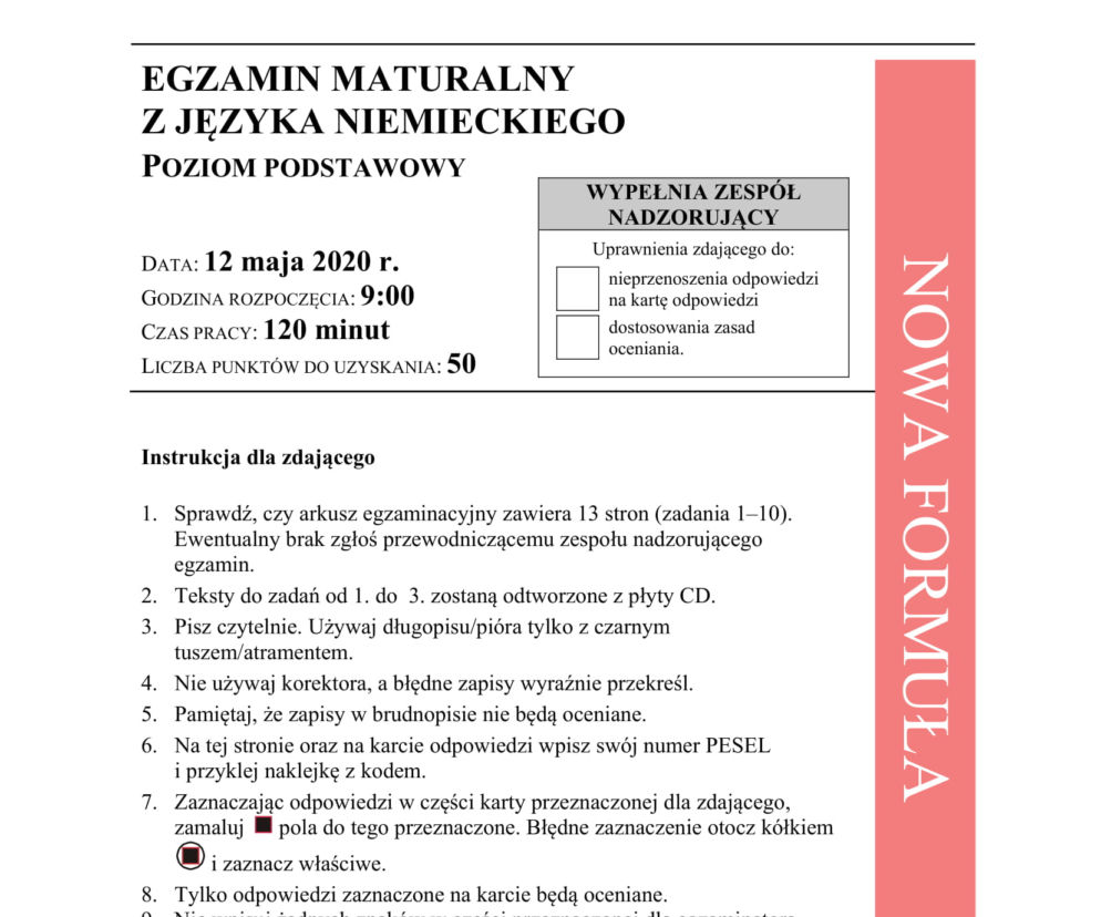 Matura 2020 ARKUSZE CKE: Niemiecki podstawowy