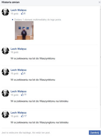 Lech Wałęsa przed wylotem do Waszyngtonu kilka razy edytował wpis na Facebooku...