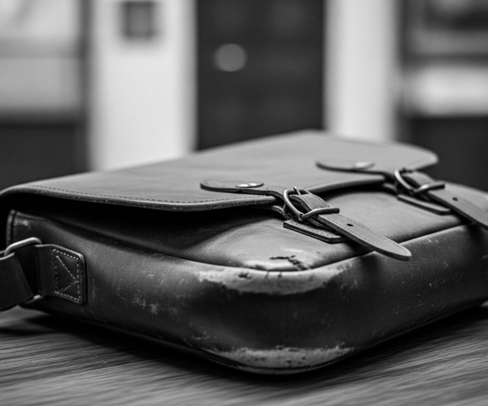 Czarna, skórzana torba leży na drewnianym blacie, dominując centrum kadru. Materiał torby jest wyraźnie zużyty, z widocznymi otarciami i jaśniejszymi przebarwieniami, zwłaszcza na krawędziach i rogach. Torba posiada dwie zapięte klamry z paskami, a jeden z pasków bocznych wystaje z lewej strony. Tło jest rozmyte, prezentując niewyraźne kształty, w tym jasną płaszczyznę po lewej i ciemniejszą z okrągłym, jaśniejszym elementem po prawej.