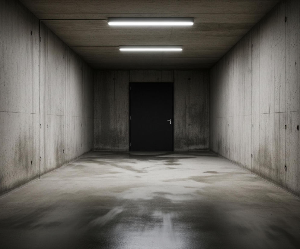 Przedstawiony jest długi, wąski korytarz o betonowych ścianach, podłodze i suficie. Na wprost, w oddali, znajduje się pojedyncze, czarne, zamknięte drzwi z metalową klamką. Sufit oświetlają dwie podłużne, świetlówki LED, równolegle zawieszone i rzucające białe światło na podłoże. Podłoga odbija światło, ukazując mokre plamy i smugi, a jej faktura jest szorstka. Ściany są surowe, posiadają widoczne łączenia paneli betonu oraz okrągłe otwory, a wzdłuż nich biegną poziome i pionowe linie podziału. Całe pomieszczenie jest utrzymane w ciemnych, monochromatycznych odcieniach szarości i czerni.