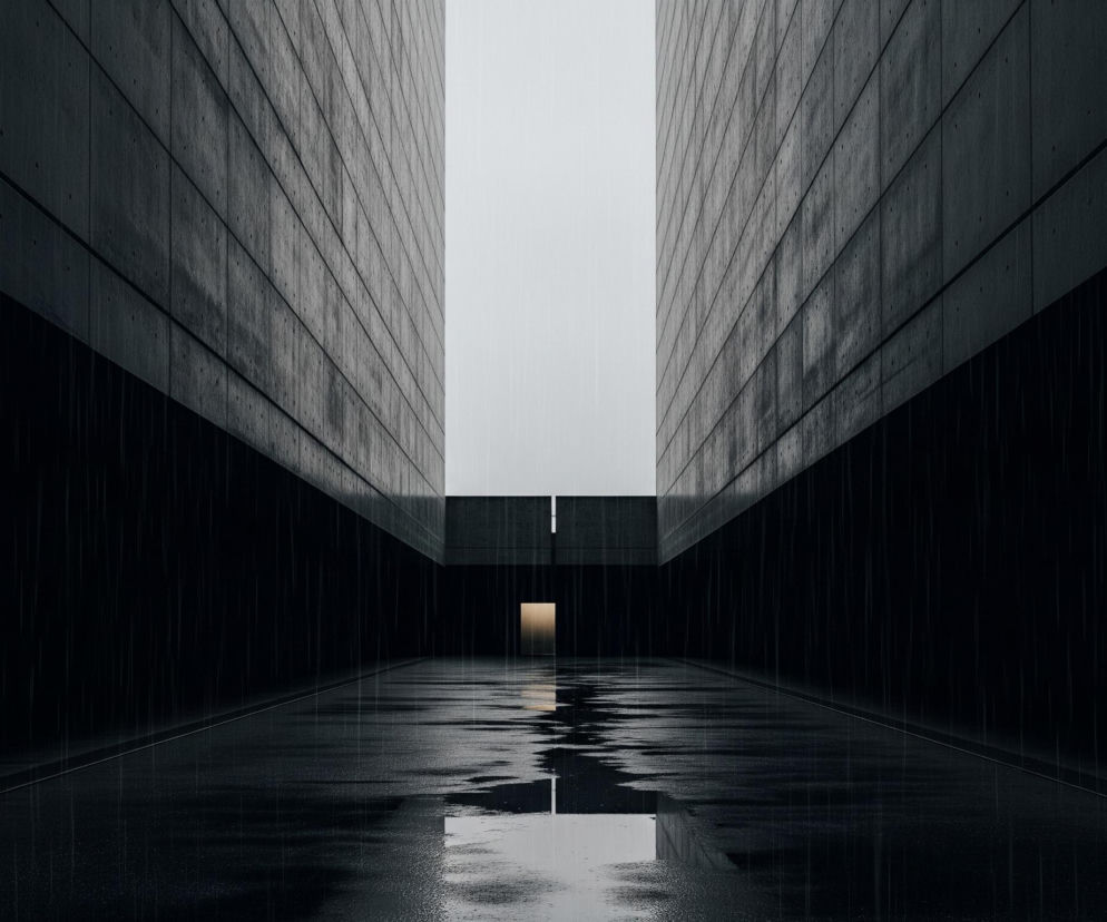 Długi, wąski korytarz z betonu rozciąga się w głąb obrazu, otoczony dwoma wysokimi, pionowymi ścianami w ciemnych odcieniach szarości, z wyraźnymi poziomymi łączeniami płyt. Sufit oraz odległy koniec korytarza to jasna, prawie biała przestrzeń, która rozświetla mokrą, odbijającą posadzkę. Na wprost, w oddali, widoczne jest prostokątne otwarcie, z którego wydobywa się ciepłe, żółtopomarańczowe światło, tworzące odblask na lśniącej nawierzchni. Po obu stronach korytarza oraz na ziemi widoczne są subtelne pionowe smugi, sugerujące padający deszcz.
