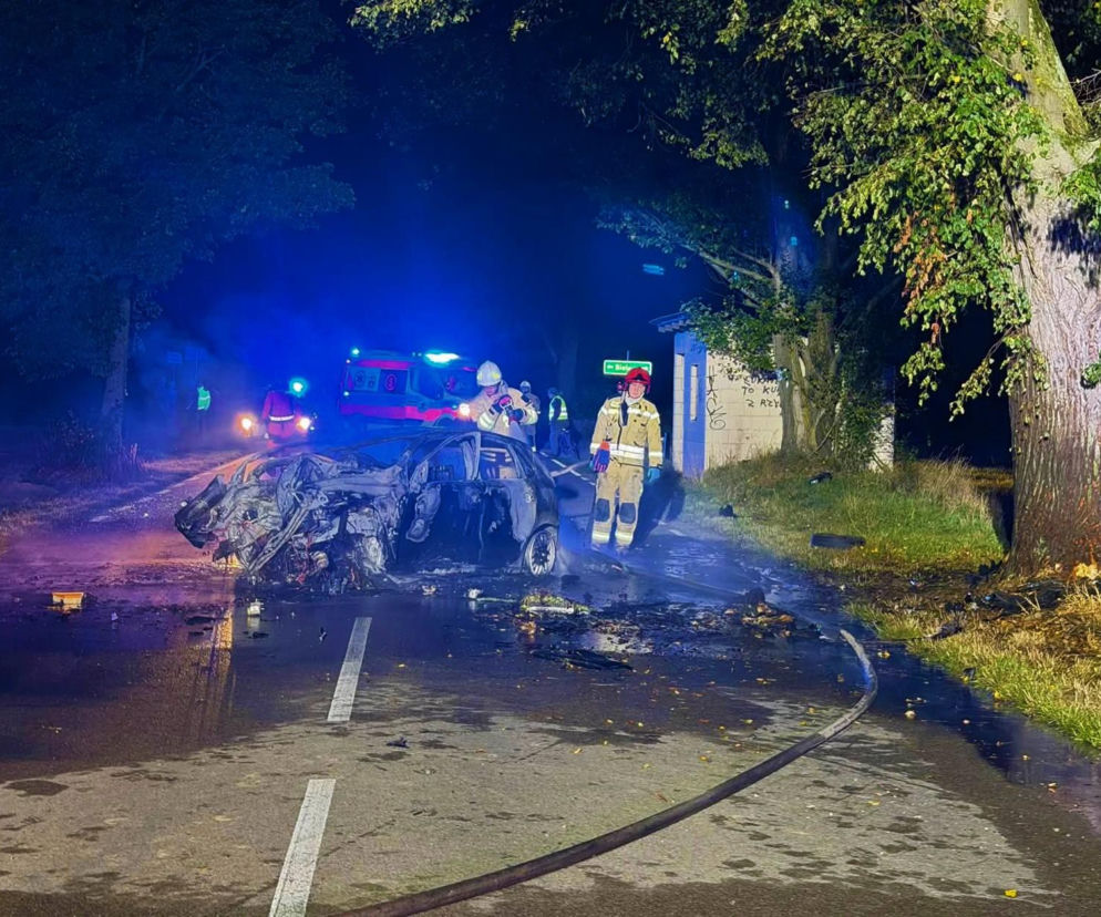 Samochód uderzył w drzewo i stanął w płomieniach , zginął kierowca. Tragedia w powiecie łukowskim!