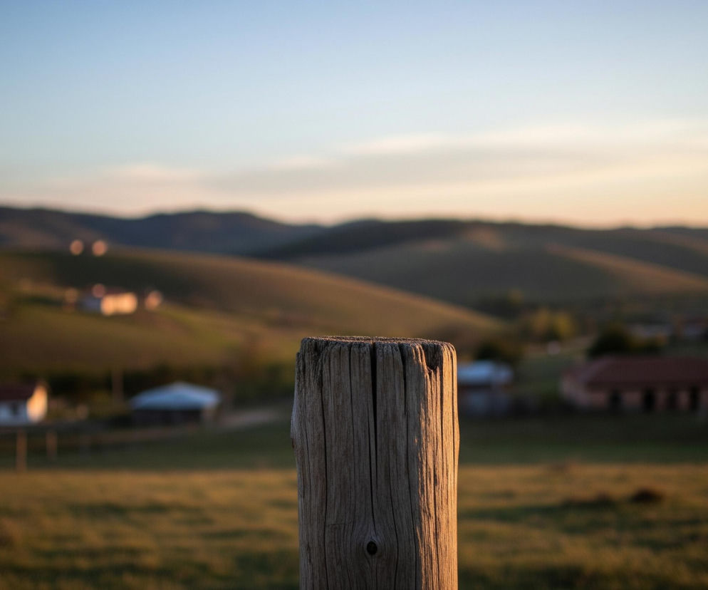 Na pierwszym planie, centralnie, widoczny jest pionowy, drewniany słup z widocznymi słojami i pęknięciami, oświetlony ciepłym, pomarańczowo-żółtym światłem po prawej stronie. Za nim rozciąga się rozmyty krajobraz wiejski, z zielonymi polami i trawiastymi wzgórzami, na których rozsiane są nieliczne domy o jasnych ścianach i ciemnych dachach. W tle, pod błękitnym niebem z delikatnymi, jasnymi obłokami, majaczą ciemniejsze sylwetki pagórków i gór, wszystko skąpane w ciepłym świetle zachodzącego słońca, tworząc złociste odcienie na trawie i budynkach.