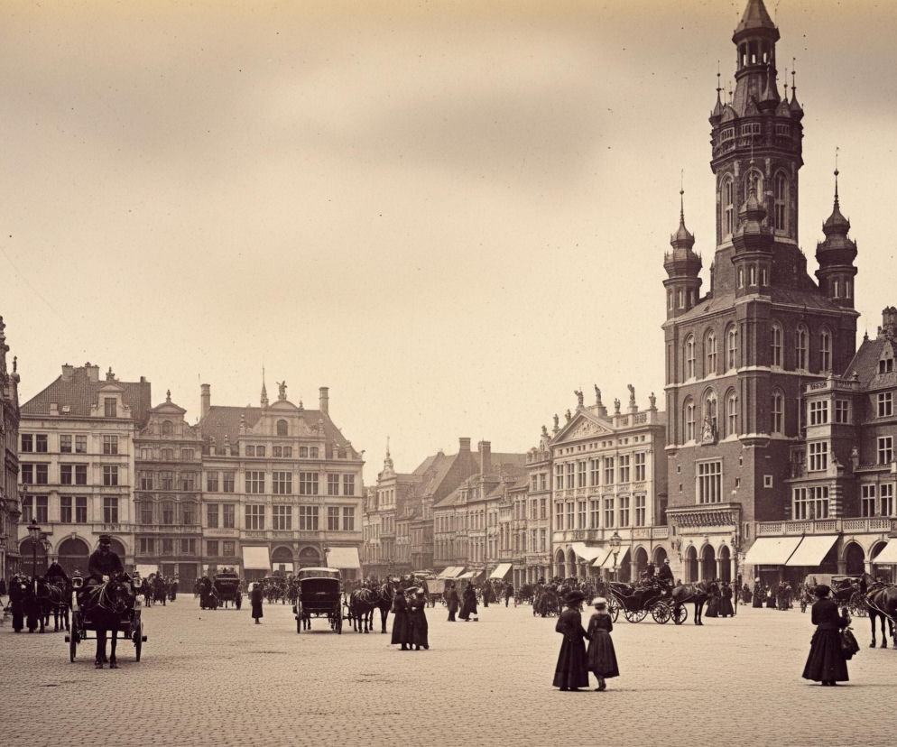 Scena przedstawia rozległy, brukowany plac miejski w stonowanych odcieniach sepii, otoczony zabytkowymi budynkami o zróżnicowanej architekturze. W tle dominują wysokie kamienice z licznymi oknami, niektóre z nich zdobione pilastrami i gzymsami, a po prawej stronie wznosi się imponująca wieża o neogotyckim charakterze, zwieńczona szpicami i małymi wieżyczkami. Na placu i chodnikach widać wiele postaci ludzkich w strojach z epoki, liczne powozy konne oraz dorożki, świadczące o ożywionym ruchu miejskim. Centralnie na pierwszym planie stoją dwie kobiety w długich, ciemnych sukniach i kapeluszach, zwrócone do siebie.