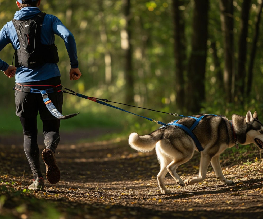 Osoba biegnąca w niebieskiej koszulce z długim rękawem, czarnych spodenkach i czarnym plecaku jest widoczna od tyłu, związana pasem biodrowym z psem rasy husky, który ma na sobie niebieskie szelki i czerwoną obrożę. Oboje poruszają się po gruntowej ścieżce, usianej suchymi liśćmi i niewielkimi zielonymi roślinami, w otoczeniu zielonego lasu. Scena oświetlona jest naturalnym światłem, rzucającym długie cienie na ziemię.