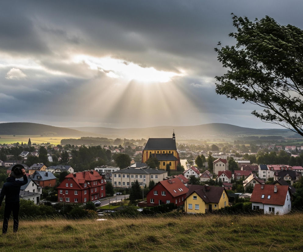 Mężczyzna w ciemnej kurtce stoi na trawiastym wzgórzu, tyłem do obserwatora, trzymając kapelusz w prawej dłoni. Rozległa panorama miasteczka rozciąga się przed nim, z licznymi domami o czerwonych i żółtych dachach, a także większym, charakterystycznym żółtym kościołem z ciemnym dachem w centrum. Promienie słońca przebijają się przez ciemne chmury, oświetlając miasteczko i otaczające je pola, podczas gdy na pierwszym planie, po prawej stronie, pochyla się zielone drzewo. Horyzont zamykają zalesione wzgórza pod zamglonym niebem, a chmury na górze obrazu są ciemniejsze i gęstsze, tworząc dramatyczny kontrast.
