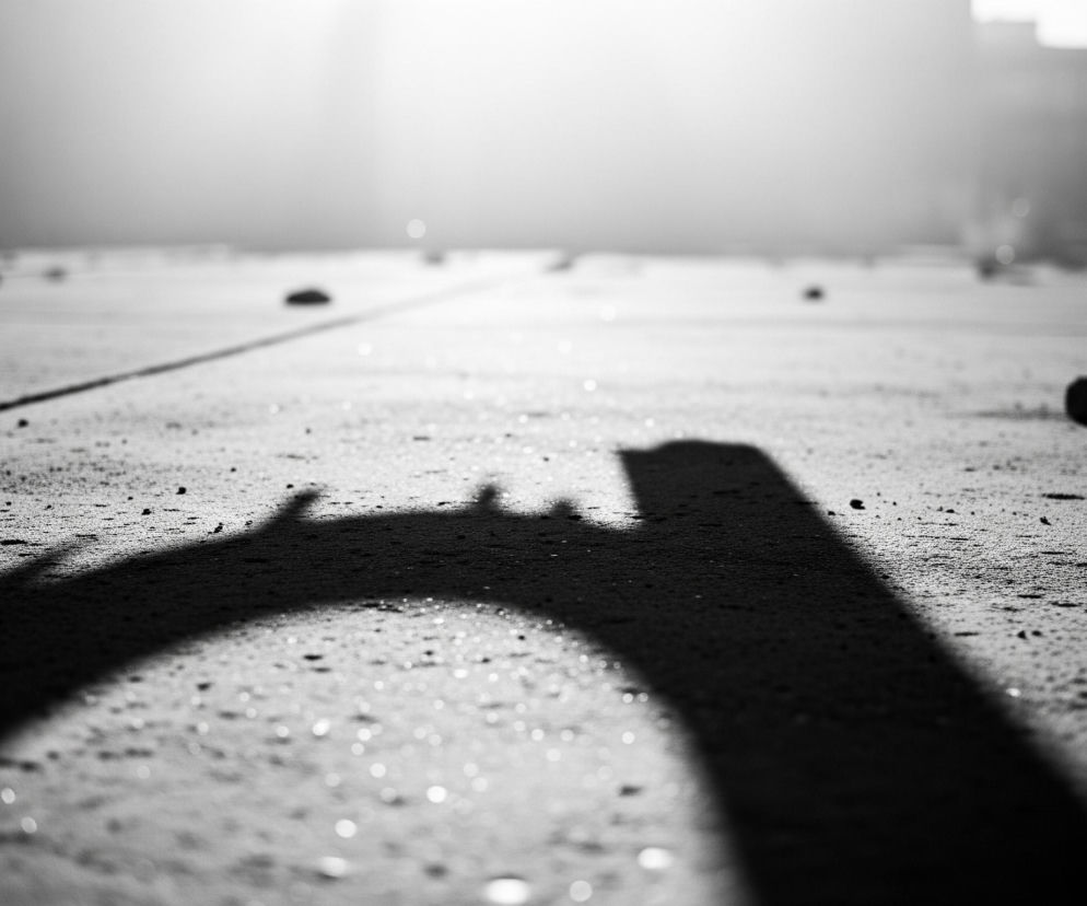 Na pierwszym planie, w dolnej części obrazu, widoczny jest szeroki, ciemny cień w kształcie łuku lub litery U, z otwartą częścią skierowaną w stronę widza. Powierzchnia, na której rzuca się cień, jest szorstka i pokryta licznymi drobnymi kropelkami lub kamyczkami, błyszczącymi w niektórych miejscach. Od cienia w lewą górę biegnie prosta, cienka, ciemna linia.

Tło jest rozmyte i jasne, niemal białe, z subtelnymi przejściami tonalnymi, sugerującymi mglistą lub zadymioną atmosferę. Na horyzoncie, po lewej stronie, zza mgły wyłaniają się zamazane zarysy ciemniejszych budynków lub obiektów. W prawym górnym rogu obrazu, również w tle, widać jasny, rozmyty prostokąt, prawdopodobnie będący źródłem światła lub odbiciem.