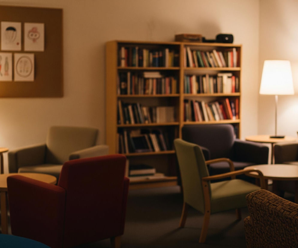 Pokój dzienny z przytulnym oświetleniem ukazuje kilka miękkich foteli i sof ustawionych wokół niskich, okrągłych stolików kawowych. Na tle jasnej ściany widoczny jest drewniany regał wypełniony książkami oraz tablica korkowa z kilkoma dziecięcymi rysunkami. Dwie lampy stołowe z białymi abażurami emitują ciepłe, żółte światło, tworząc spokojną atmosferę.