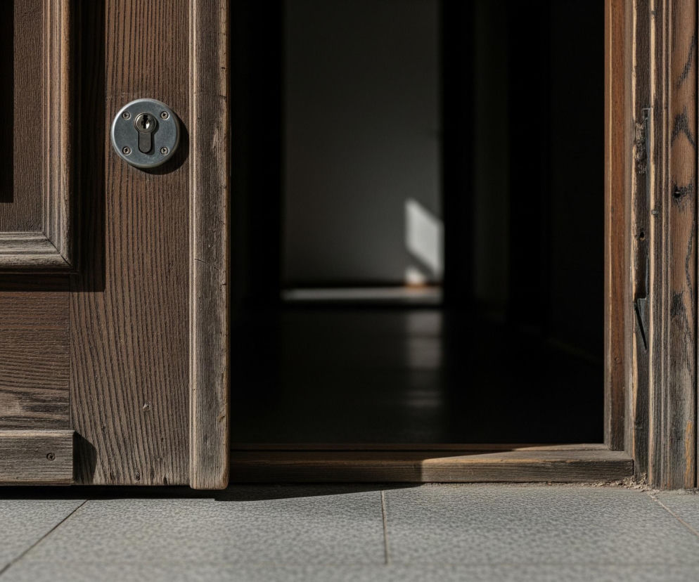 Drewniane, uchylone drzwi z widocznym usłojeniem zajmują lewą stronę kadru, a ich powierzchnia jest wpadana w cień, z wyjątkiem jasnych partii krawędzi. W drzwiach, na wysokości środka, osadzony jest okrągły, metalowy szyld z wpuszczanym zamkiem. Po prawej stronie drzwi widać wejście do ciemnego pomieszczenia, gdzie na podłodze widnieje prostokątny, jasny refleks światła, sugerujący, że do wnętrza wpada słońce. Podłoga przed drzwiami jest wyłożona szarymi, kwadratowymi płytkami z delikatnym wzorem, a jej powierzchnia jest częściowo oświetlona, co tworzy wyraźny cień rzucany przez drzwi i próg.