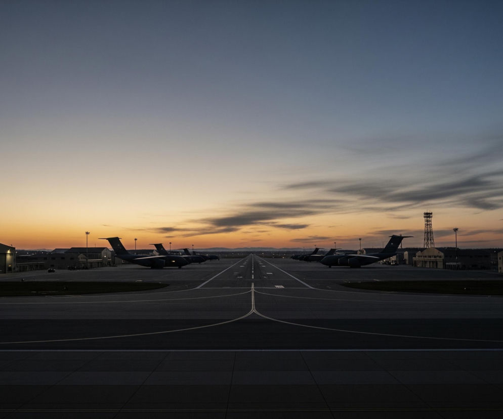 Asfaltowy pas startowy, rozciągający się od pierwszego planu ku horyzontowi, dominuje w centrum kadru. Po jego obu stronach, w oddali, stoją rzędy dużych, ciemnych samolotów transportowych, których sylwetki są słabo widoczne na tle wieczornego nieba. Horyzont na tle nieba jest pomarańczowo-żółty, przechodząc płynnie w odcienie szarości i błękitu ku górze. W oddali, po lewej i prawej stronie pasa startowego, widać budynki lotniska oraz wysoką wieżę komunikacyjną po prawej.