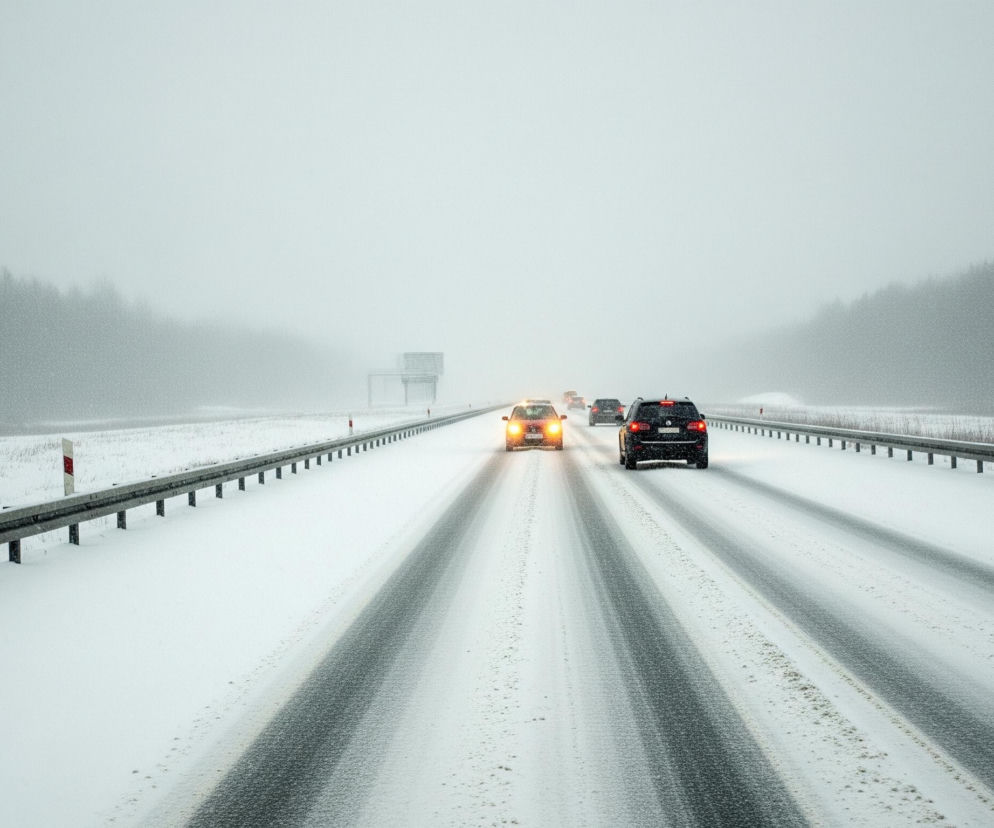Szeroką, zasypaną śniegiem autostradę z trzema rzędami śladów opon, rozciągającą się od dołu obrazu w kierunku oddalonego horyzontu. Po obu stronach drogi znajdują się zaspy śniegu, gdzieniegdzie pokryte suchą trawą, oraz metalowe barierki ochronne z białymi słupkami ostrzegawczymi z czerwonymi odblaskami. W oddali widać las iglasty, którego szczyty ledwo wyróżniają się na tle zamglonego, jasnoszarego nieba, a nad nim pośrodku horyzontu widać duży, pusty znak drogowy. Kilka samochodów jedzie w tym samym kierunku, co punkt widzenia, z czego dwa najbliższe mają włączone światła; jeden czarny SUV z włączonymi czerwonymi światłami stopu i jeden pomarańczowy samochód osobowy z włączonymi żółtymi światłami mijania.