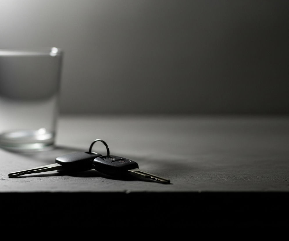 Na pierwszym planie leżą na szarej, teksturowanej powierzchni dwa czarne kluczyki samochodowe z metalowymi grotami, połączone metalowym kółkiem. W tle, po lewej stronie, stoi szklanka z przezroczystym płynem. Scena jest słabo oświetlona, z punktowym światłem padającym z lewej górnej strony, tworzącym kontrastowe cienie i rozjaśniającym część ściany oraz wnętrze szklanki. Tło i reszta pomieszczenia są ciemne, w odcieniach szarości i czerni, z wyraźnym efektem winietowania w dolnej części obrazu.