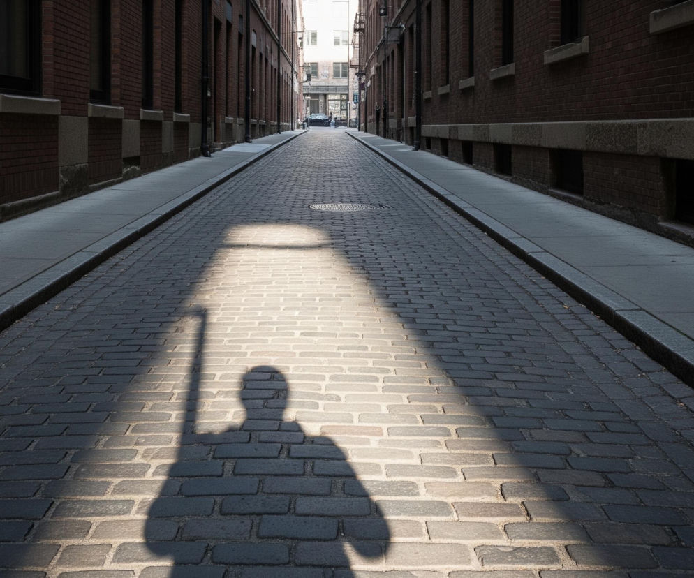 Brukowana uliczka rozciąga się w głąb obrazu, prowadząc wzrok do jasnego, odległego punktu. Na pierwszym planie, na ciemniejszej, prawej stronie bruku, widoczny jest długi, wydłużony cień postaci ludzkiej trzymającej coś przypominającego kij lub parasol, który biegnie ukośnie przez smugę światła. Po obu stronach ulicy wznoszą się wysokie, ceglane budynki z ciemnymi oknami i kamiennymi gzymsami, rzucającymi długie cienie i tworzącymi wrażenie zacienionego przejścia.