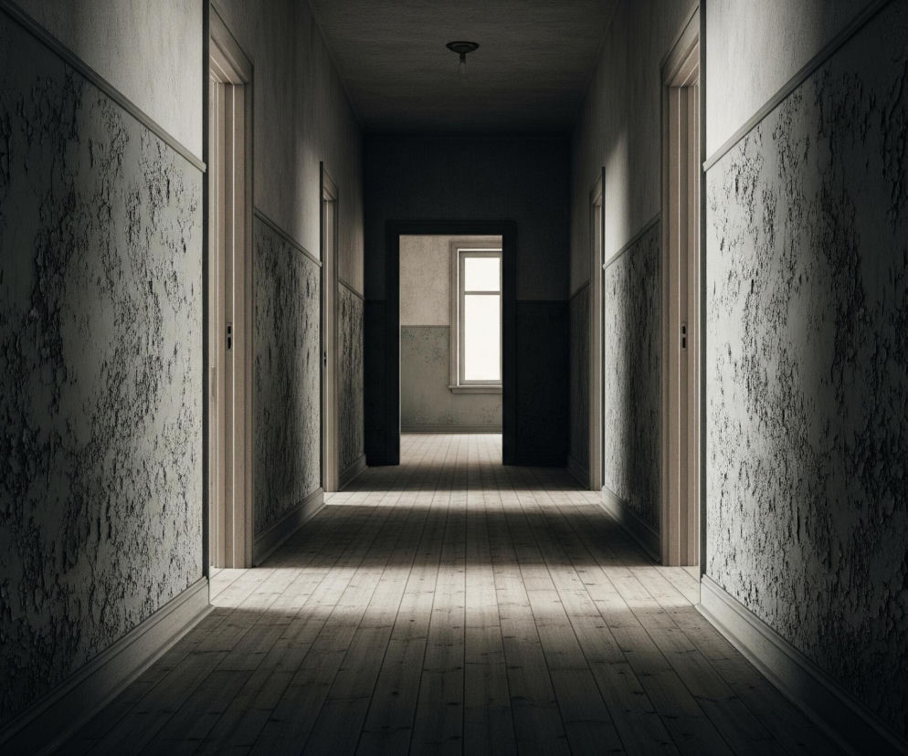 Długi, ciemny korytarz z obłażącą farbą na ścianach i drewnianą podłogą, widziany z perspektywy. Wzdłuż ścian, po obu stronach, rozmieszczone są drzwi, które prowadzą do innych pomieszczeń, a na końcu korytarza widoczne jest duże okno, przez które wpada jasne światło. Światło tworzy na podłodze wyraźne pasy i rozjaśnia części ścian, podkreślając ich zniszczoną teksturę. Całość utrzymana jest w ciemnej, szaro-brązowej tonacji, co nadaje miejscu ponury i opuszczony wygląd.