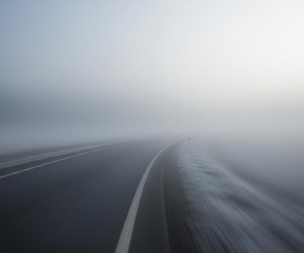 Asfaltowa droga, ciemnoszara, zakręca w prawo w gęstą, białą mgłę. Białe linie wyznaczają jej prawą krawędź i pasy ruchu, biegnąc w kierunku zakrętu i stopniowo znikając w mgle. Prawe pobocze drogi pokryte jest szarą substancją, być może śniegiem lub błotem pośniegowym, która rozmywa się horyzontalnymi smugami, sugerującymi ruch. Horyzont i niebo są całkowicie zasłonięte przez mgłę, która rozjaśnia się ku górze i prawej stronie obrazu.